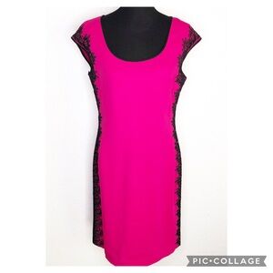 NK32 Naeem Khan bright pink black lace trim scoop neck midi sheath dress size 12